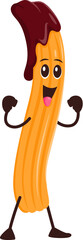 Cartoon funny churro pastry for fast food dessert character, vector personage. Churro with chocolate syrup and happy smile on face for fast food breakfast snack and sweet dessert character emoji