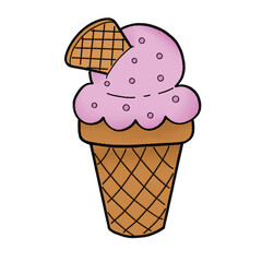 a drawing of strawberry ice cream cone with wafer on top