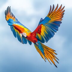 Fototapeta premium Majestic Macaw Soaring with Vibrant Wings Against the Sky