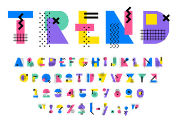 Memphis font, modern headline typeface, 90s 80s geometric type, party english alphabet vector typography. Abstract block letters and numbers of memphis pattern font with creative geometric shapes