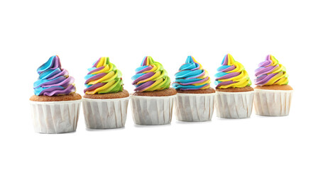 Tasty cupcakes with colorful cream isolated on white