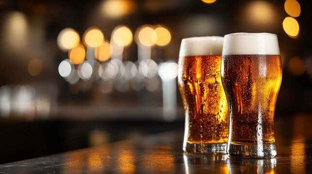 This image features two chilled glasses of beer, glistening with condensation, set against a backdrop of warm bokeh lights creating a cozy atmosphere for relaxation.