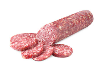 Delicious dry cured sausage isolated on white