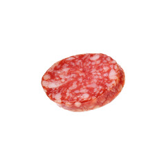Piece of delicious smoked sausage isolated on white