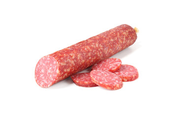 Delicious dry cured sausage isolated on white