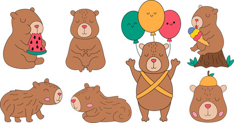 Vector capybara set. Cute capibara animals collection. Funny guinea pigs meditating, sleeping, relaxing, flying balloons, eating ice-cream, having fun. Cartoon colored illustration with outlines