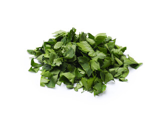 Pile of chopped parsley leaves on white background