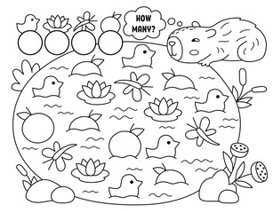 Capybara black and white I spy game for kids. Searching and counting line activity with cute animal and duck, water lily, tangerine, dragonfly in pond. Capibara printable worksheet, coloring page