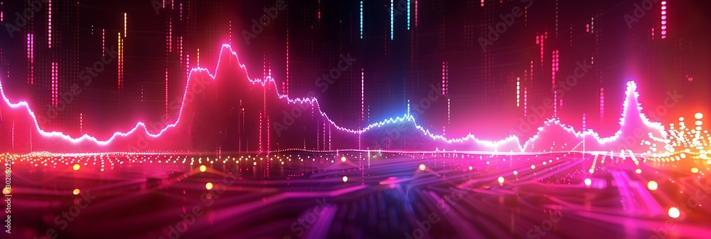 Poster abstract data visualization with glowing pink and blue lines forming a graph on a digital grid. futu