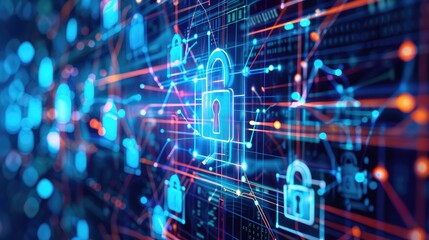 Fototapeta premium Secure Digital Network with Locks and Data Flow Visualization