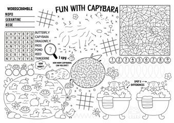 Vector capybara placemat for kids. Capibara printable activity mat with maze, tic tac toe charts, connect the dots, find difference. Cute relaxing animals black and white play mat or coloring page