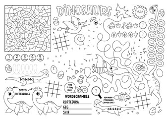 Vector dinosaur placemat for kids. Prehistoric printable activity mat with maze, tic tac toe charts, connect the dots, find difference. Ancient animals black and white play mat or coloring page