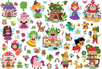 Vector fairy clipart set. Cute icons of girls with wings. Woodland princess collection. Fantasy forest animal illustration. Magic garden pack with elf, house, unicorn, dragon, fairytale creature