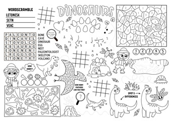 Vector dinosaur placemat for kids. Prehistoric printable activity mat with maze, tic tac toe charts, connect the dots, find difference. Ancient animals black and white play mat or coloring page