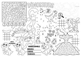 Vector dinosaur placemat for kids. Prehistoric printable activity mat with maze, tic tac toe charts, connect the dots, find difference. Ancient animals black and white play mat or coloring page © Lexi Claus