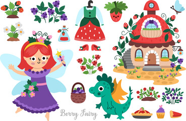 Vector berry fairy clipart set. Cute icons of girl with wings. Woodland princess collection. Fantasy, fairytale forest illustrations. Magic creature pack with butterfly, dragon, house, strawberry