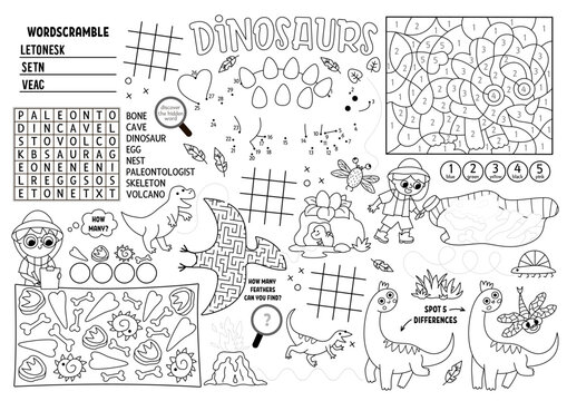 Vector dinosaur placemat for kids. Prehistoric printable activity mat with maze, tic tac toe charts, connect the dots, find difference. Ancient animals black and white play mat or coloring page