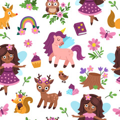 Fototapeta premium Vector animal fairy seamless pattern. Cute repeat background with girl. Woodland princess digital paper. Fantasy forest, magic garden texture with fairytale creature, deer, unicorn, house, rainbow