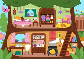 Vector acorn fairy house background. Woodland princess home interior landscape. Fantasy forest cottage scene. Magic fairytale treehouse scenery with furniture, room decor items