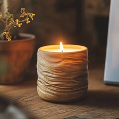 Rustic Hand-Poured Candle with Uneven Wax Surface and Warm Glow