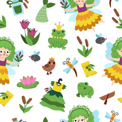 Vector swamp fairy seamless pattern. Cute repeat background with little girl. Woodland princess digital paper. Fantasy forest, magic garden texture with fairytale creature, frog, reeds, water lily