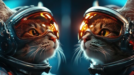 Two cats wearing futuristic space helmets gaze at each other, showcasing a whimsical blend of cuteness and adventure, perfect for cat lovers and space enthusiasts alike.