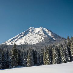 Fototapeta premium A snowy mountain peak rising above a dense forest of evergreen trees, with clear blue skies overhead. 