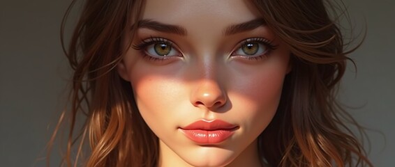 Fototapeta premium Realistic portrait of a woman with bright blue eyes surrounded by flowers and butterflies, with soft light highlighting her features