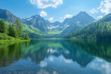 Fototapeta premium a mountain range is reflected in a lake surrounded by green mountains and trees on a sunny day with blue sky