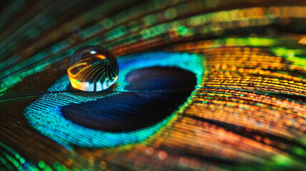 Naklejka premium Super-macro shot of a water droplet resting on a peacock feather
