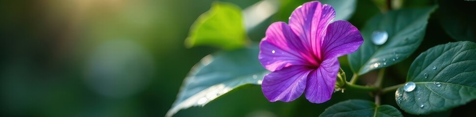 Close-up vibrant purple flower, glistening dew on ivy leaves, wet, purple, green