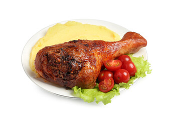 Baked turkey drumstick with mashed potato and tomatoes isolated on white