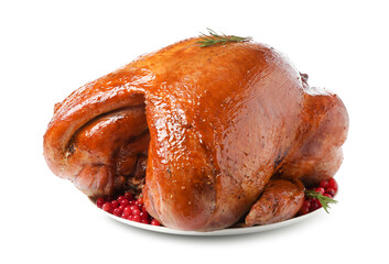 Whole baked turkey with cranberries and rosemary isolated on white