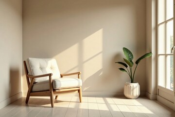 Serene Minimalist Room Interior Design Featuring a Light Beige Upholstered Chair with Wooden Frame, Situated in a Sunlit Corner Near a Window with a Houseplant