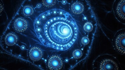 Obraz premium Intricate Blue Fractal Spiral Design with Glowing Light and Orbs