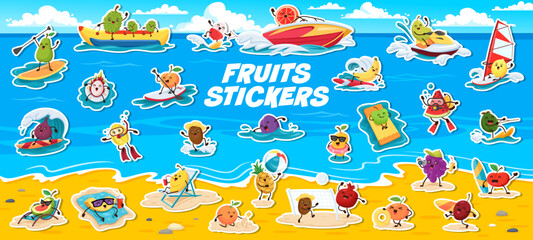 Cartoon funny fruit characters on summer travel vacation, vector stickers pack. Fruit characters on summer beach vacation, happy fig on surfboard and lemon snorkel diving or orange on paddle board