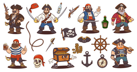 Cartoon groovy pirate captain, corsairs and sailors characters with vector costumes and hats, treasure map, chest and retro sea ship anchor. Happy groovy pirate character set, skull, flag and compass