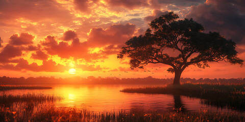 Naklejka premium Majestic Acacia Tree Silhouette Against a Sunset-Kissed Blue Sky with Graceful Birds in Flight