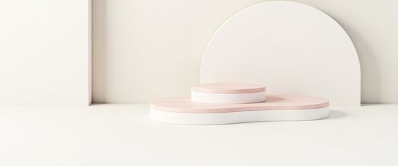 two-tiered minimalist product display platforms in pink and white