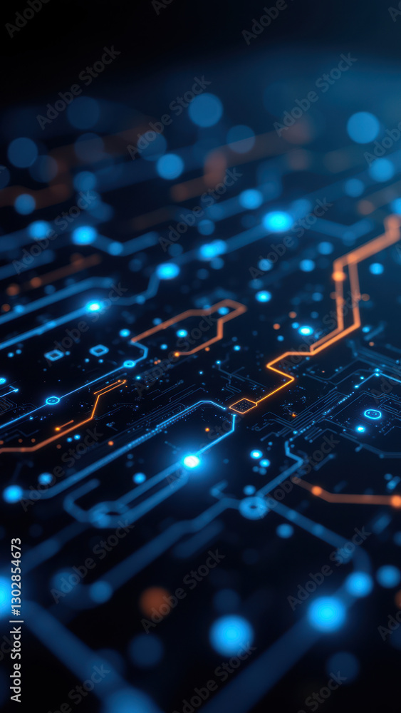 Poster capture of a computer motherboard with vibrant blue and orange lights, symbolizing modern technology