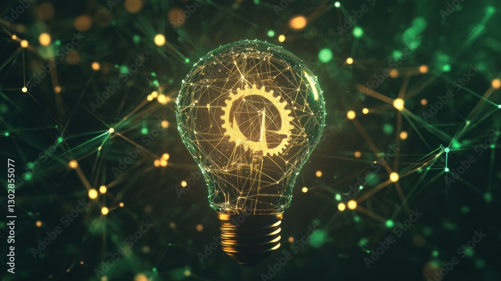 Aufkleber lightbulb with gears inside connecting with network, representing innovation and technology
