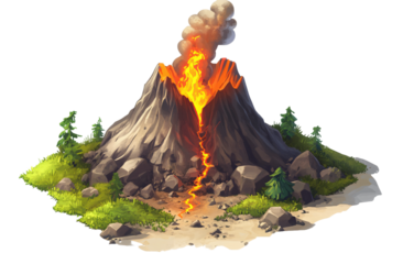 miniature volcano erupting, in the style of a cartoon, on a white background, in PNG