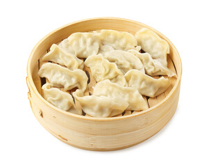 Tasty boiled gyoza (dumplings) in bamboo steamer on white background