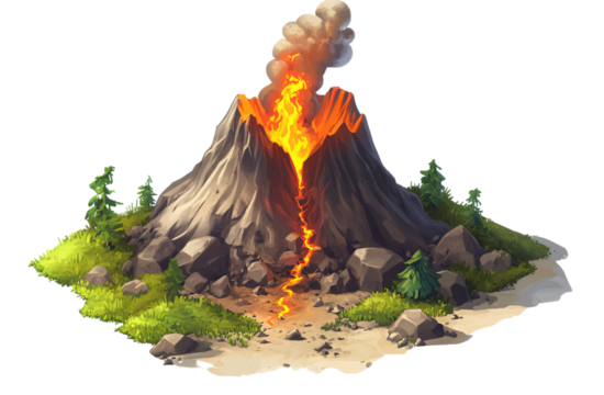 miniature volcano erupting, in the style of a cartoon, on a white background, in PNG