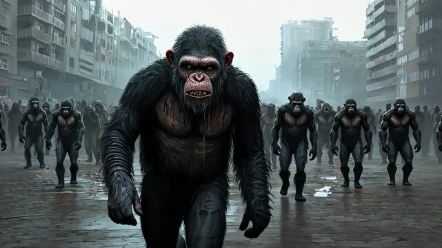 Intelligent apes thrive in a crumbling human metropolis, showcasing nature reclaiming civilization's remnants.