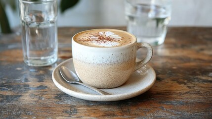 Cups of Hot and Cold Cappuccino on an Old Wooden Table in the Morning.