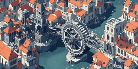Mechanical Marvel: An isometric view showcases a town with a bridge and an elaborate gear mechanism, capturing a blend of architectural wonder and innovative engineering.