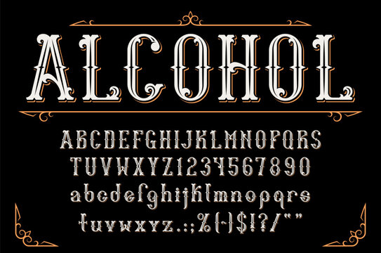 Western whiskey label font, retro tattoo typeface, alcohol bar type, old english alphabet vector typography. Vintage gothic letters and numbers, victorian flourishes frame corners, whiskey font abc