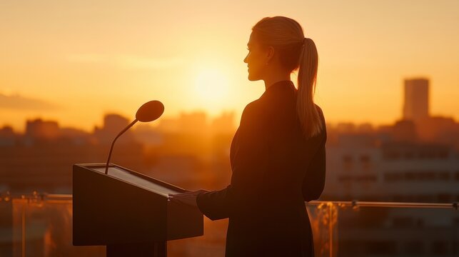 Woman Silhouetted Against Sunset at Conference or Speech Event