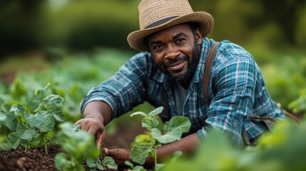 a african descent farmer carefully inspects the soil of a lush field ensuring growth of healthy crops concepts of agriculture sustainability and dedication in modern farming practices
